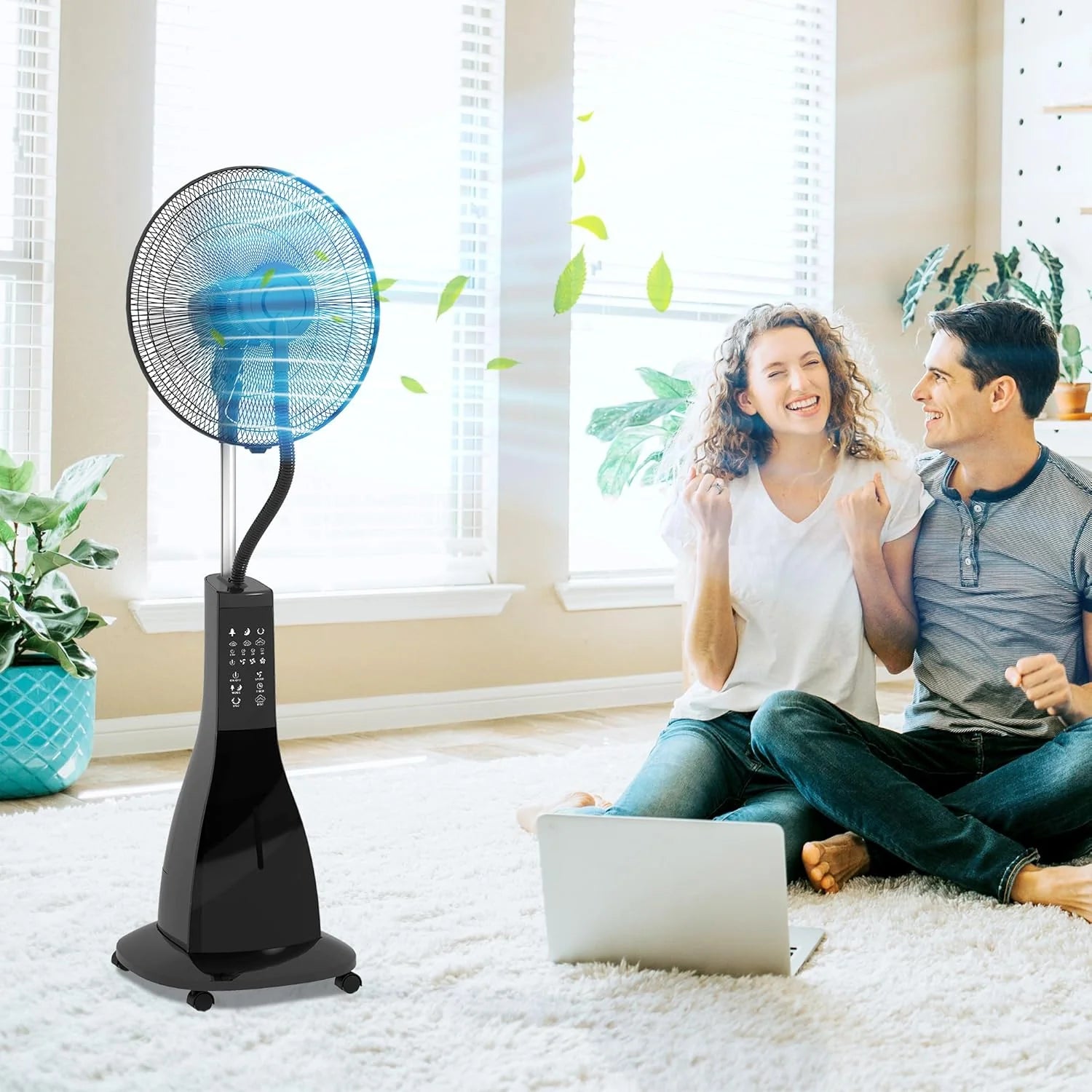 HOMCOM Ventilateur brumisateur sur roulettes ventilateur sur pied 90 W télécommande affichage LED télécommande minuterie 3 modes 3 vitesses oscillant, inclinable réservoir 3L - noir