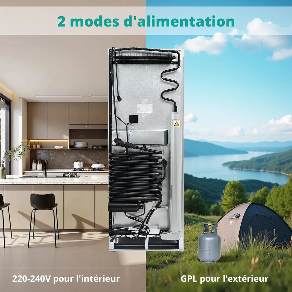 SMETA Frigo Gaz avec Congélateur, 265L, Réfrigérateur Congélateur Combiné Gaz/220V, Frigo Camping Gaz pour Camping-car, Garage, Caravane, Mobile-home, Blanc
