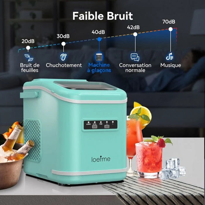 Machine à glaçons verte 12kg/24h, réservoir 1.4L, 9 glaçons en 6min, silencieuse, autonettoyante, 2 tailles de glaçons, avec poignée