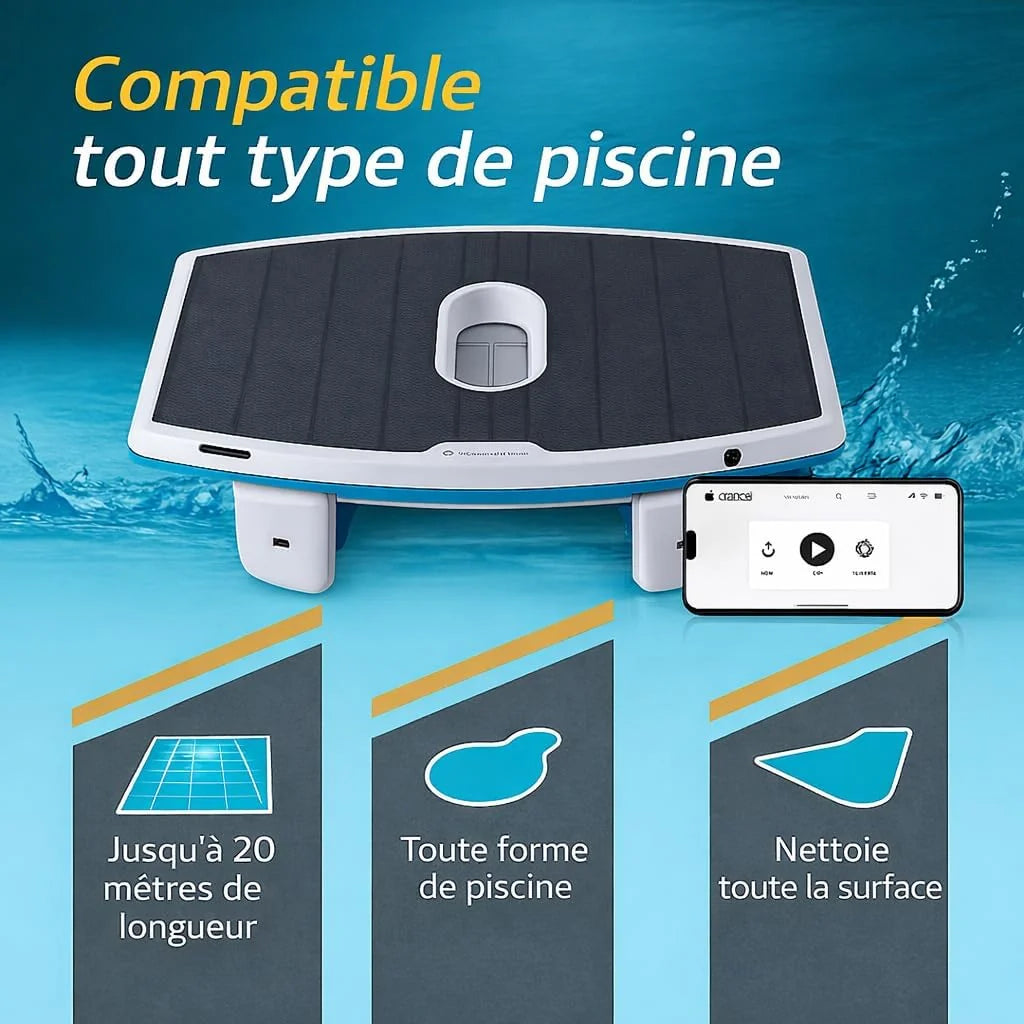 Dolphin Skimmi Robot Nettoyeur Skimmer de Piscine, Nettoie la Surface de l’Eau avec Son Panneau Solaire Intelligent, Contrôle par Application, Filtration Fine