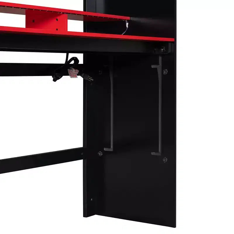 Lit mezzanine double Luxystar avec bureau réglable lumineux, armoire ouverte et bibliothèque