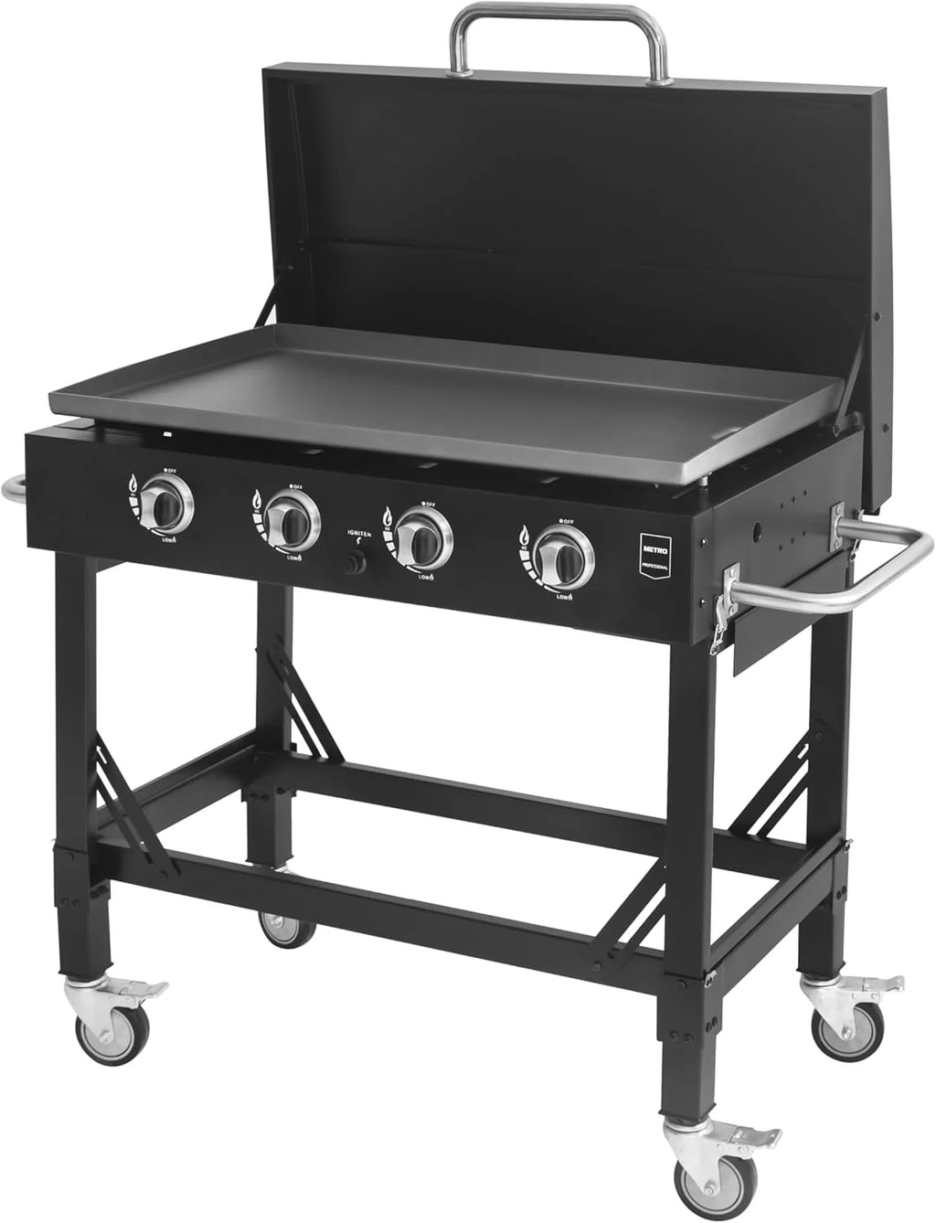 METRO PROFESSIONAL Barbecue Plancha à Gaz avec 4 Brûleurs Dayton, Acier Inoxydable, 14.8 kW, Allumage par Impulsion, 4 roulettes Pivotantes, Pliable, Noir