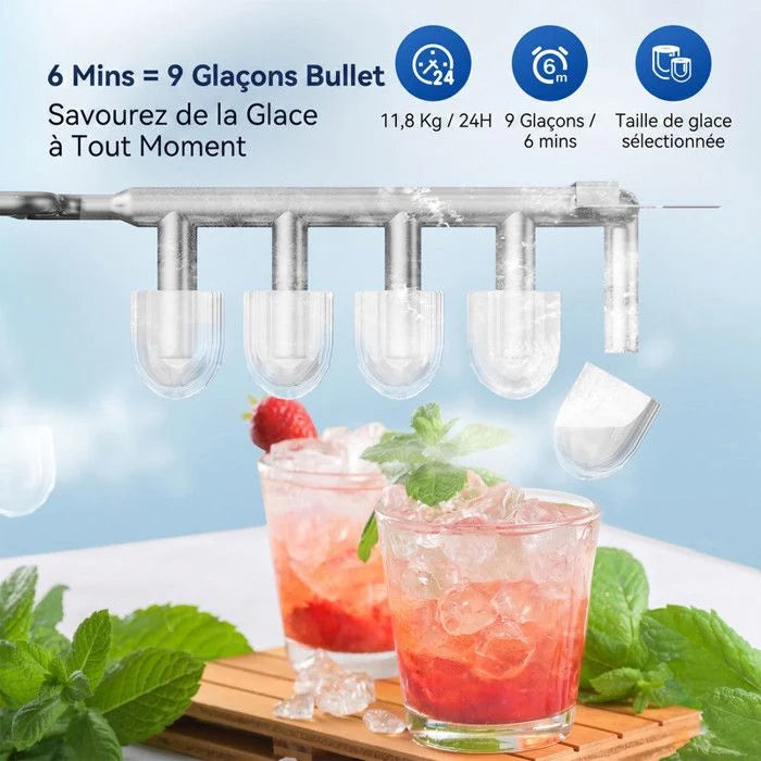 Machine à glaçons verte 12kg/24h, réservoir 1.4L, 9 glaçons en 6min, silencieuse, autonettoyante, 2 tailles de glaçons, avec poignée