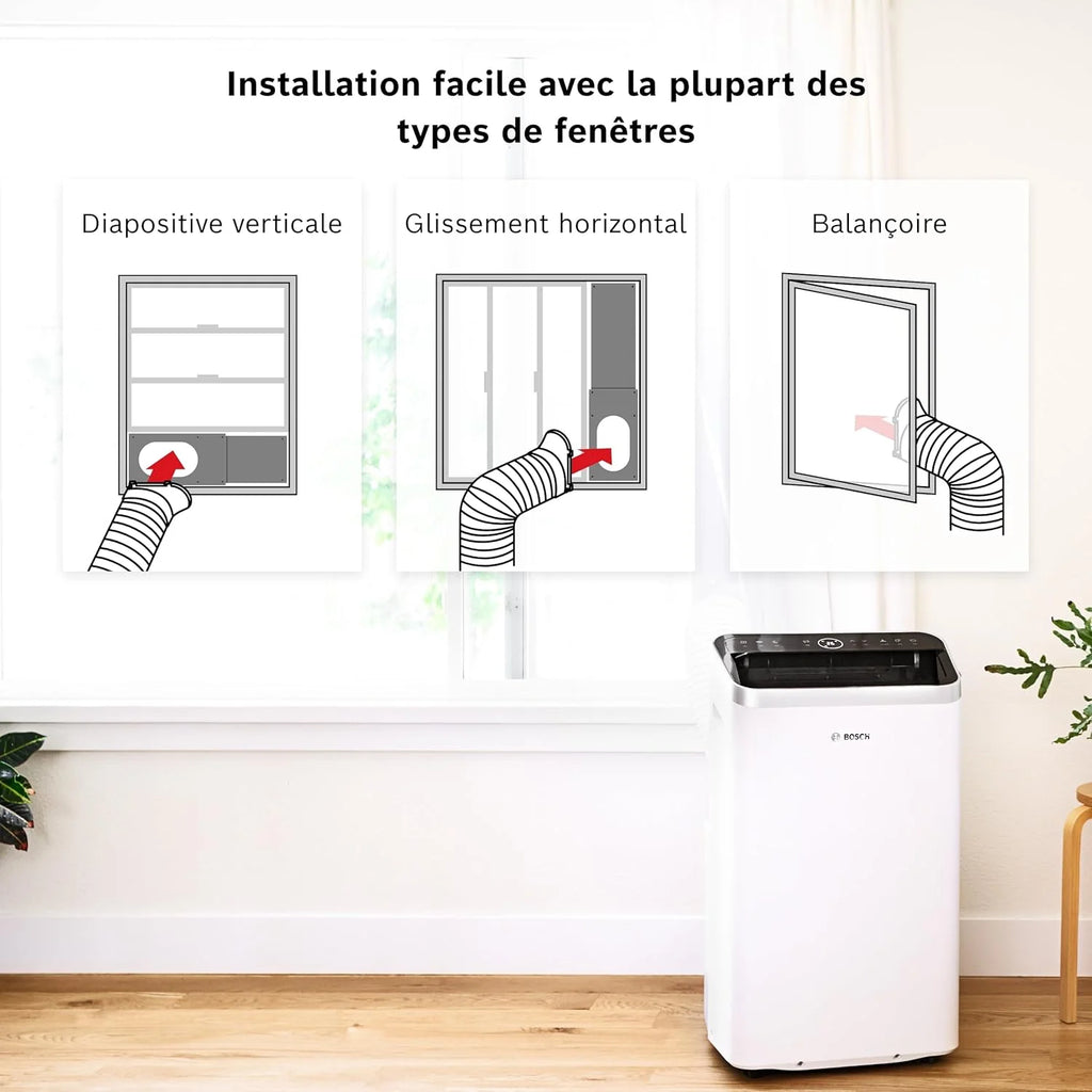 Bosch Cool 4000 Portable AC - 3 en 1 Climatiseur, Déshumidificateur, Ventilateur - 2,6 kW pour les pièces jusqu'à 35m² - Avec Mode Auto, Mode Silencieux et Mode Veille (48 db (A)) [Classe A+]