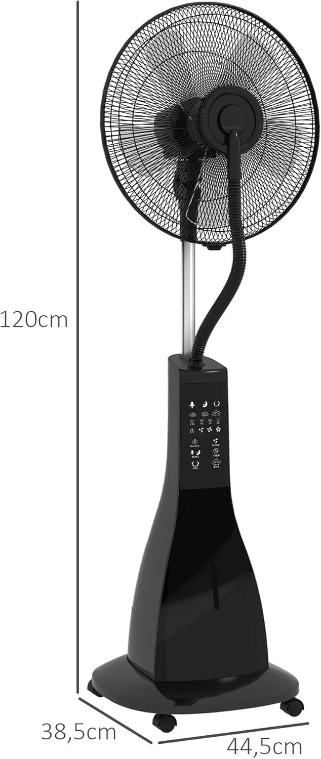 HOMCOM Ventilateur brumisateur sur roulettes ventilateur sur pied 90 W télécommande affichage LED télécommande minuterie 3 modes 3 vitesses oscillant, inclinable réservoir 3L - noir