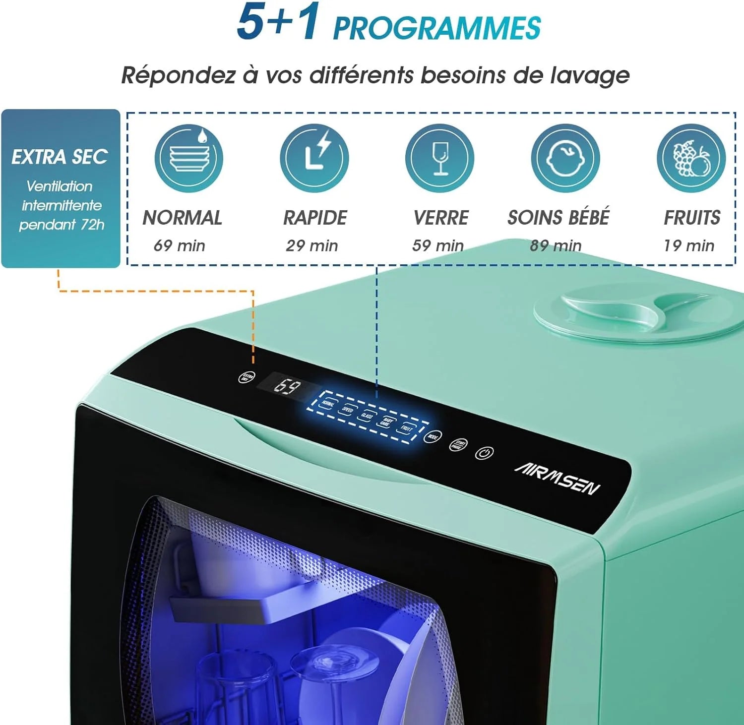 AIRMSEN Mini Lave-Vaisselle de Comptoir, 5+1 Programmes, Réservoir d'Eau de 5L, Contrôle Tactile et Écran LED, Adapté pour les Cuisines Familiales, Appartements et Dortoirs, Vert