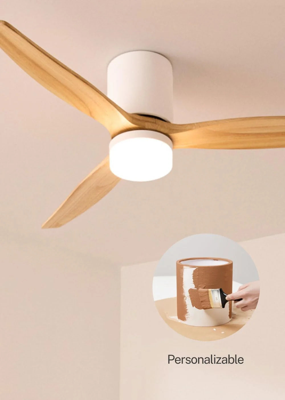 CREATE / WINDCALM CONCRETE/Ventilateur de plafond blanc bois clair avec télécommande / 40W, Carcasse en plâtre personnalisable, Ø132 cm, programmable, fonction été-hiver, lumière LED 3 températures